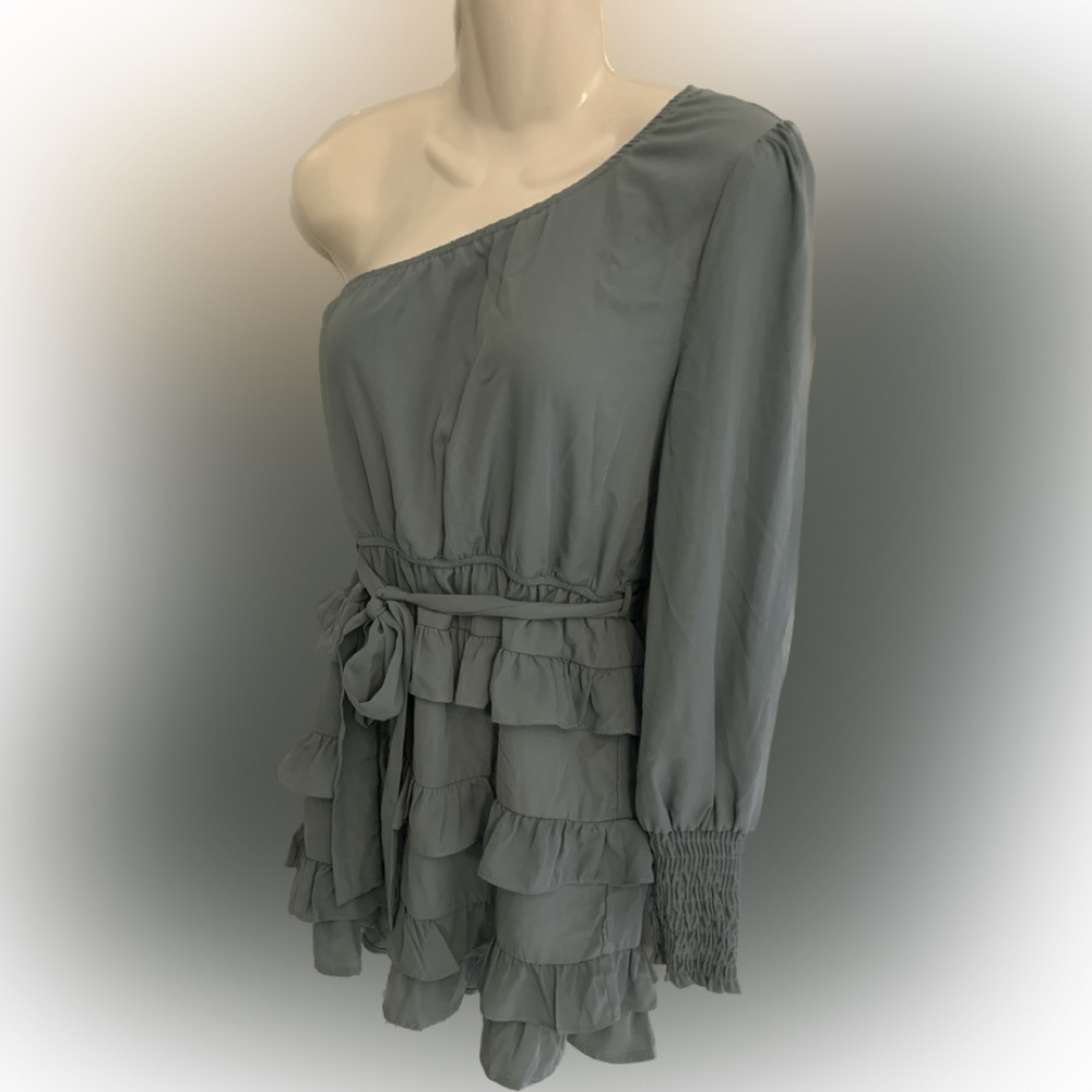 Blue Blush Dress S One Shoulder Ruffled Tiered Smocked cuff Womens 4 6 NEW NWOT - Picture 2 of 7